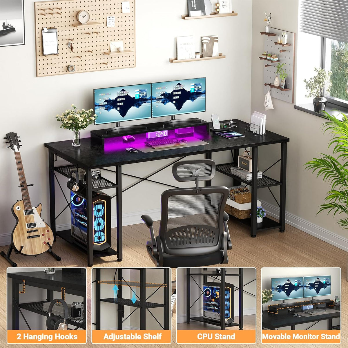 Black 55 Inch Gaming Desk with LED Lights and Power Outlet L2421