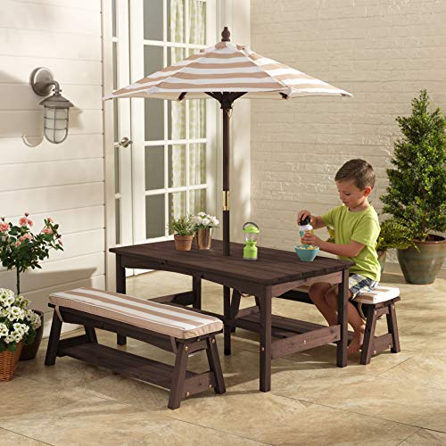 Outdoor Wooden Table & Bench Set with Cushions and Umbrella O160427