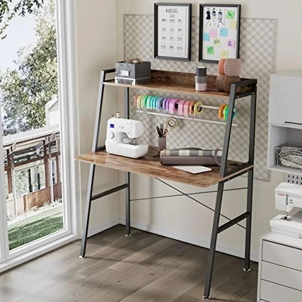 Rustic Brown 43 Inch 2-Tier Computer Desk with Shelves Metal Frame I444