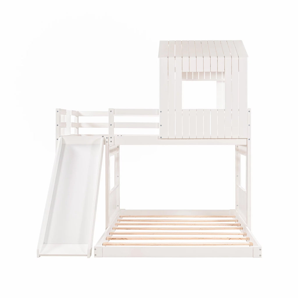 White Wooden Twin Over Full Bunk Bed with Ladder, Slide and Guardrails A17617