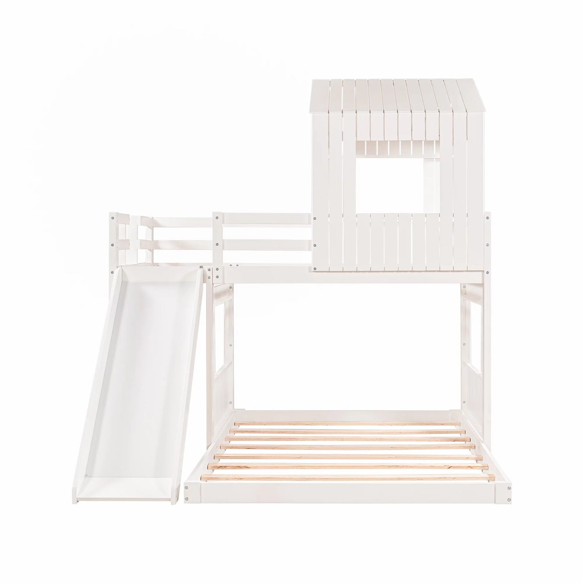 White Wooden Twin Over Full Bunk Bed with Ladder, Slide and Guardrails A17617