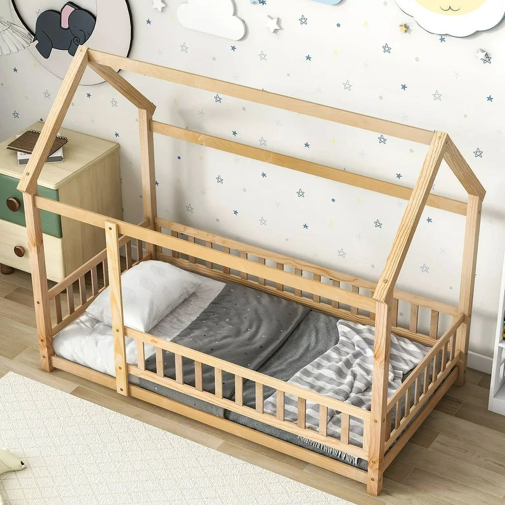 Twin Size Wood House Floor Bed with Fence Guardrails R7978