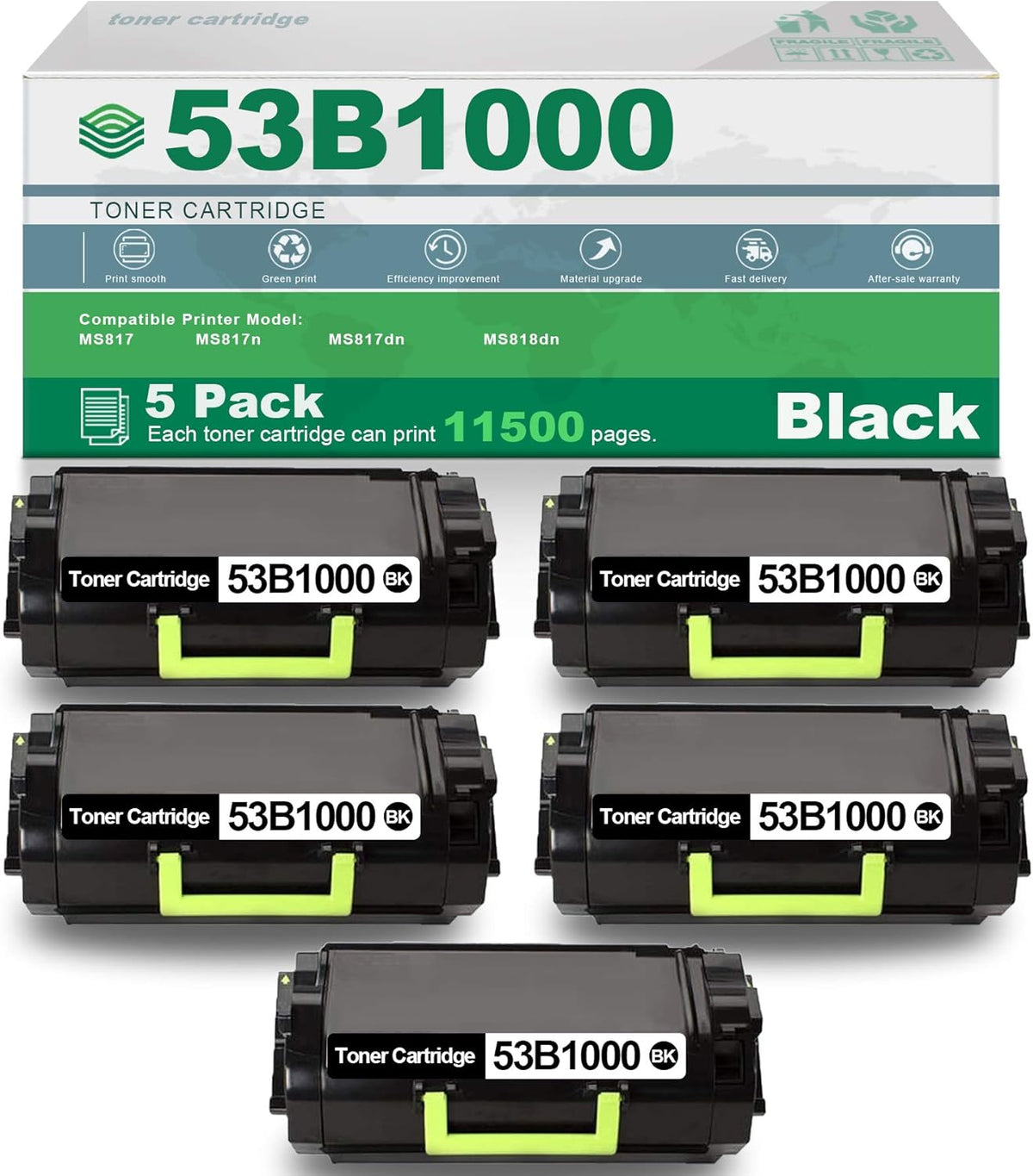 5 Pack Black High Yield Remanufactured Toner Cartridge I65205
