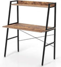 Rustic Brown 43 Inch 2-Tier Computer Desk with Shelves Metal Frame I444