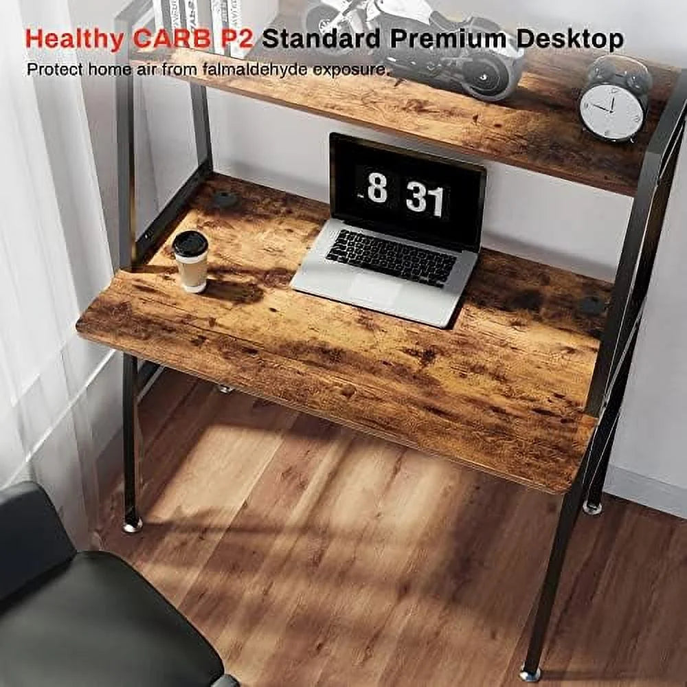 Rustic Brown 43 Inch 2-Tier Computer Desk with Shelves Metal Frame I444
