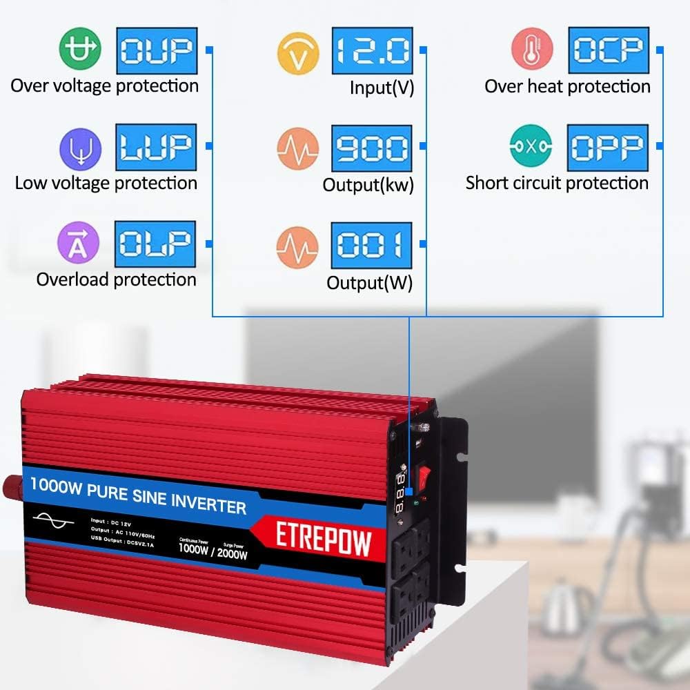 1000 Watt Pure Sine Wave Power Inverter 12V DC to 110V AC N3192