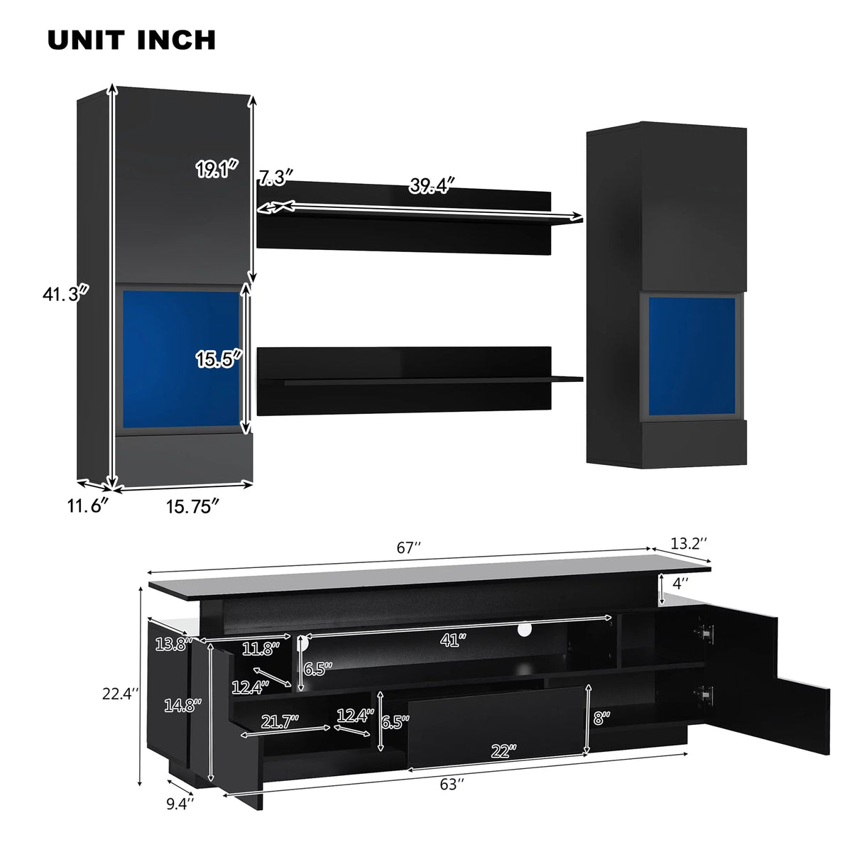 Black High Gloss Wall Mounted Floating TV Stand Set S190817