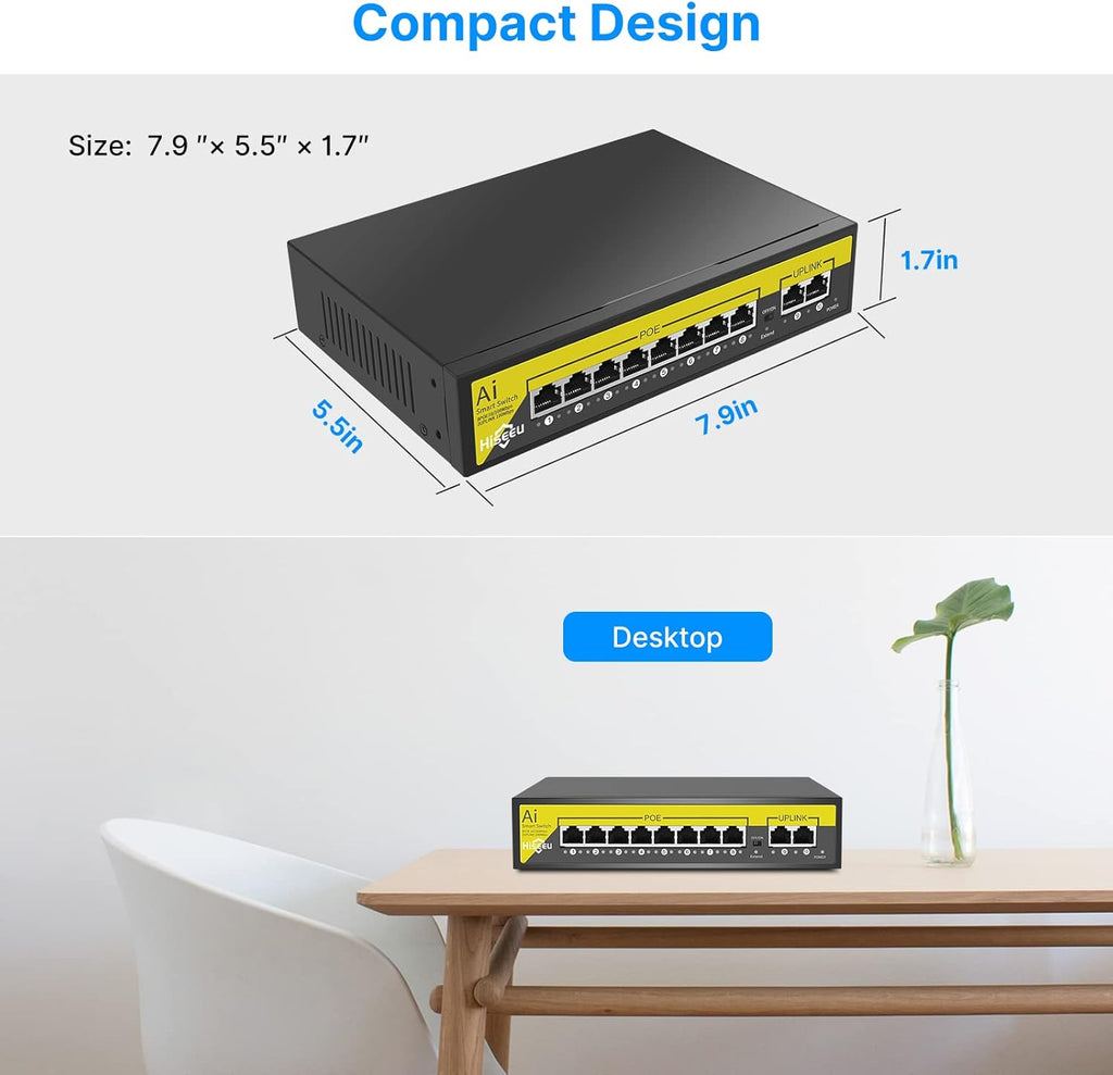 8 Port PoE Switch with 2 Ethernet Uplink Ports, 120 W, Metal Case W28223