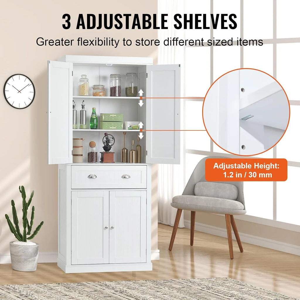 72" Pearl White Utility Cabinet with Doors Drawer and 3 Adjustable Shelves V3183