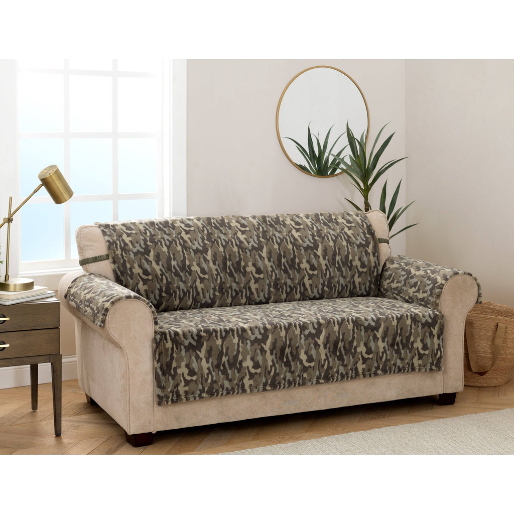Olive Green Camo Plush Sofa Cover N487