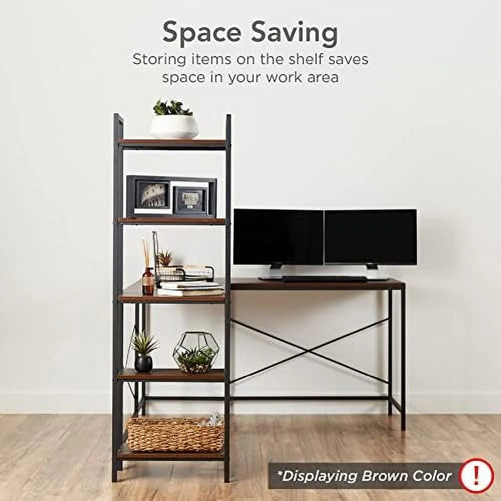L-Shaped Corner Computer Desk with 5-Tier Bookshelves M6712