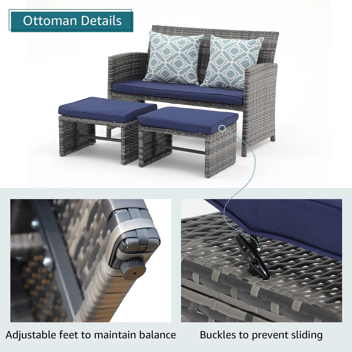 Grey Wicker Outdoor Loveseat with Ottoman and Pillows R6484