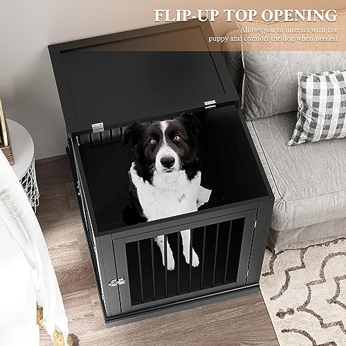 Large Wooden Dog Crate with Cushion and Flip Top, Black O60871