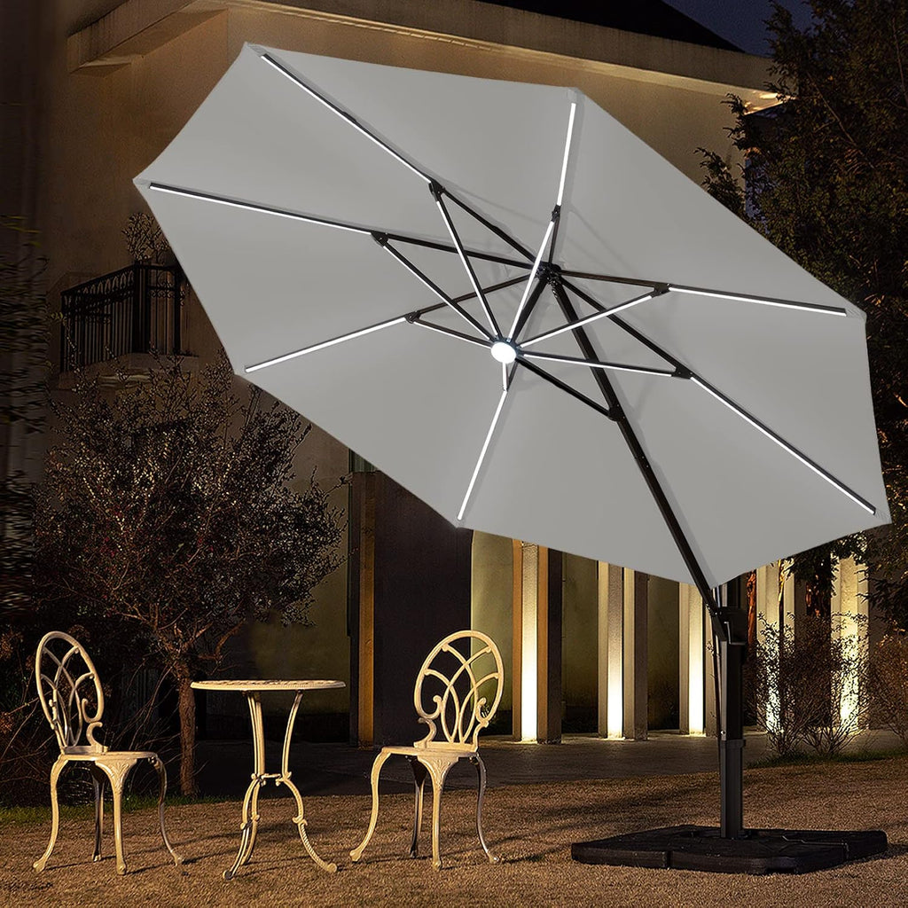 Beige 10 FT Solar Offset Patio Umbrella with LED Lights I14807