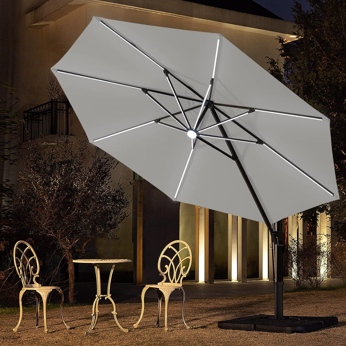 Beige 10 FT Solar Offset Patio Umbrella with LED Lights I14807
