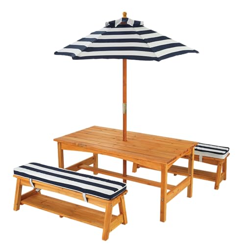 Outdoor Wooden Table & Bench Set with Cushions and Umbrella O160427