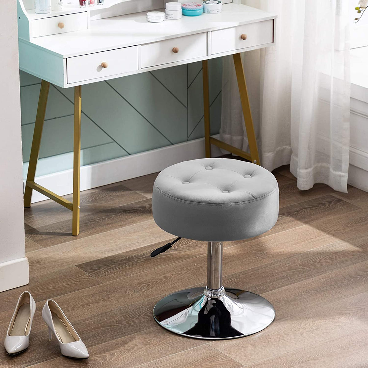 White Swivel PU Leather Vanity Stool Q354