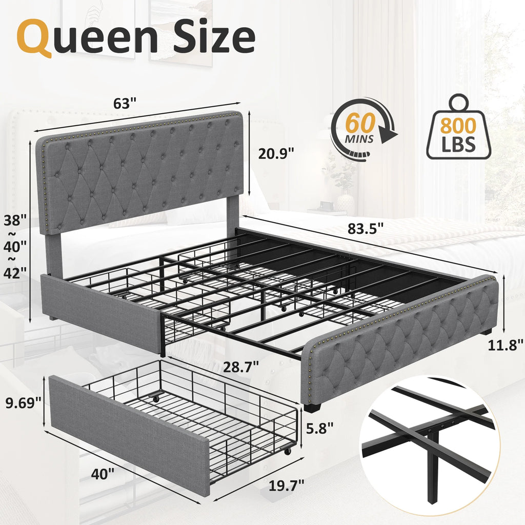 Queen Size Platform Bed Frame with 4 Storage Drawers and Upholstered Headboard, Dark Grey R795