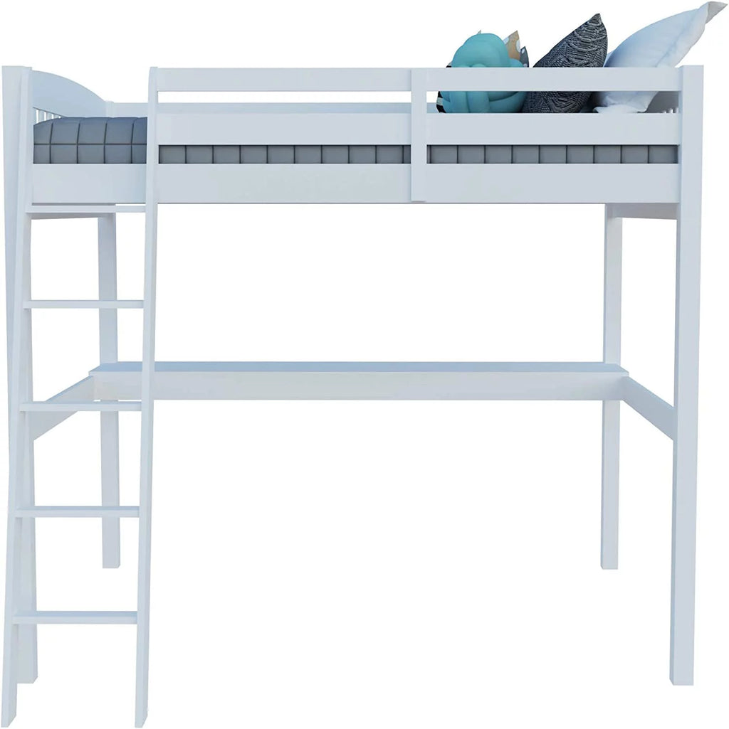Solid Wood White Twin Size Loft Bed Frame with Desk & Stairs M9136