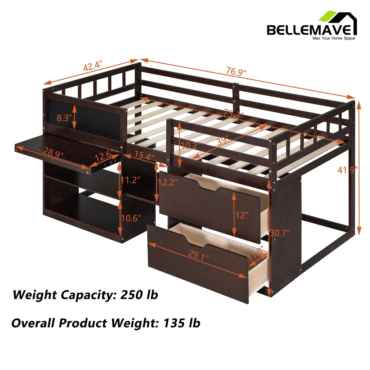 Twin Size Loft Bed with Rolling Desk, Storage Shelves and Chalkboard B3178