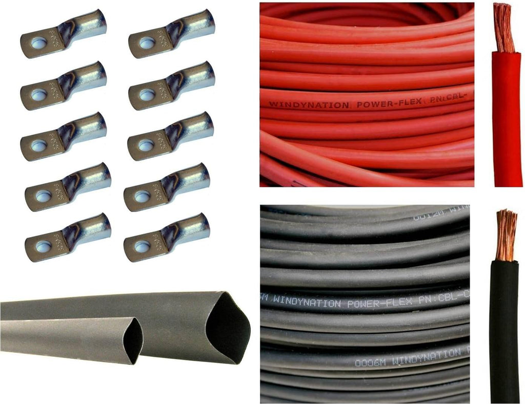 6 Gauge 25 Feet Red + 25 Feet Black Pure Copper Flexible Cable + 10pcs 3/8 Tinned Copper Cable Lug Terminal Connectors + 3 Feet Black Heat Shrink Tubing W56827