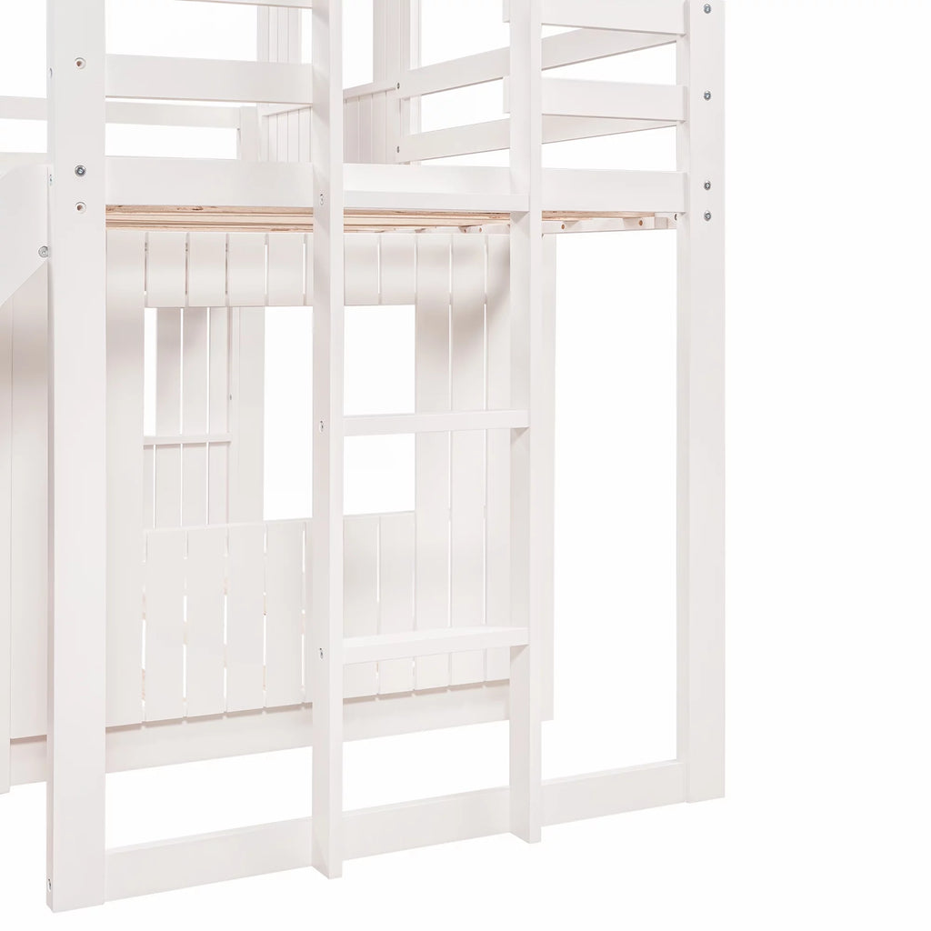White Wooden Twin Over Full Bunk Bed with Ladder, Slide and Guardrails A17617
