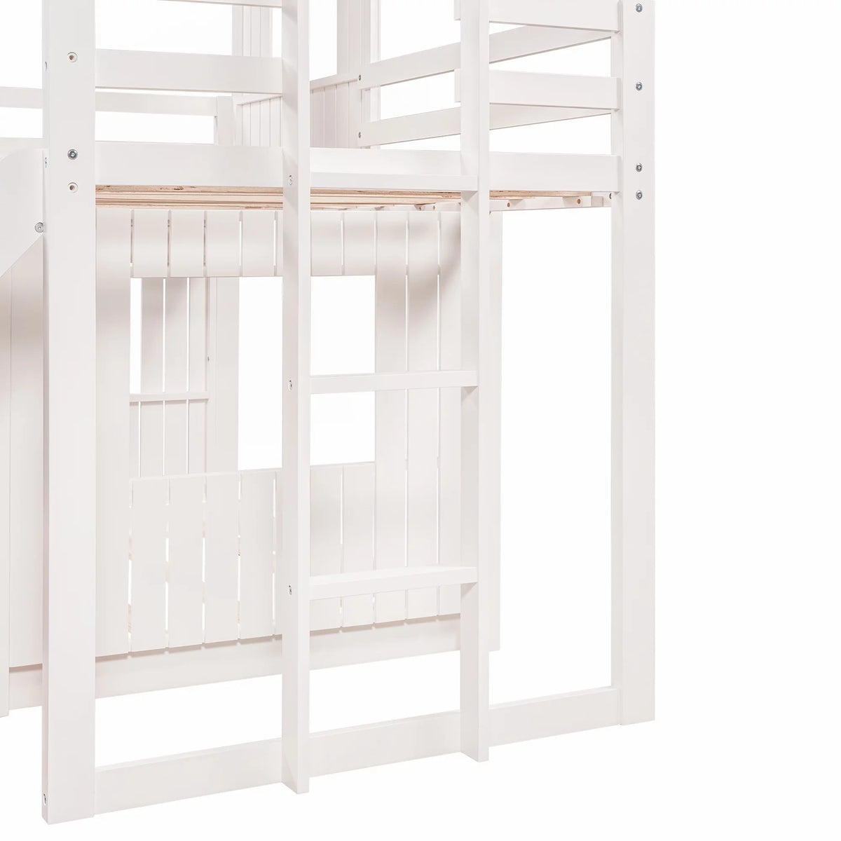 White Wooden Twin Over Full Bunk Bed with Ladder, Slide and Guardrails A17617