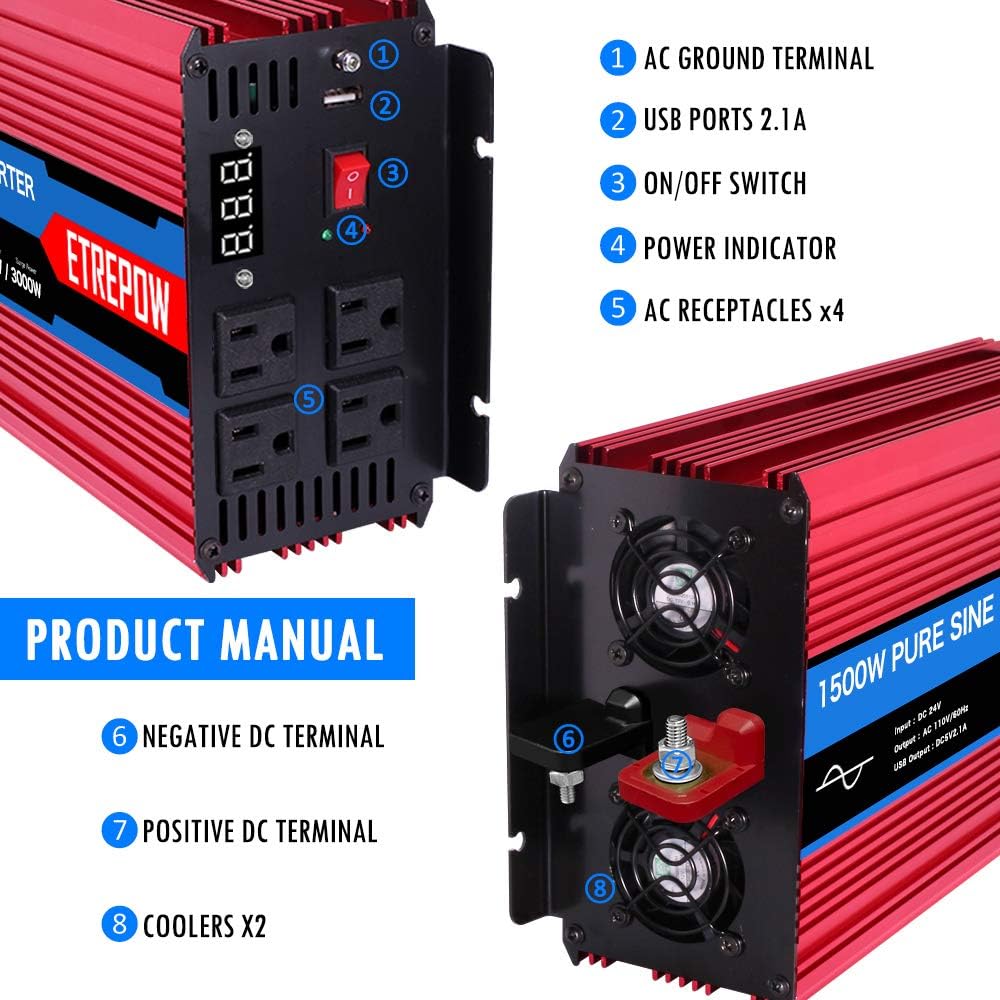 1000 Watt Pure Sine Wave Power Inverter 12V DC to 110V AC N3192