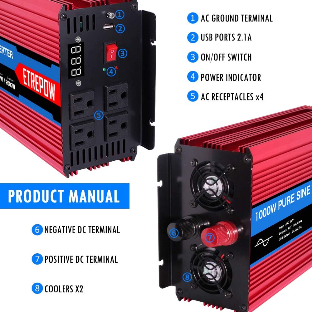 1000 Watt Pure Sine Wave Power Inverter 12V DC to 110V AC N3192