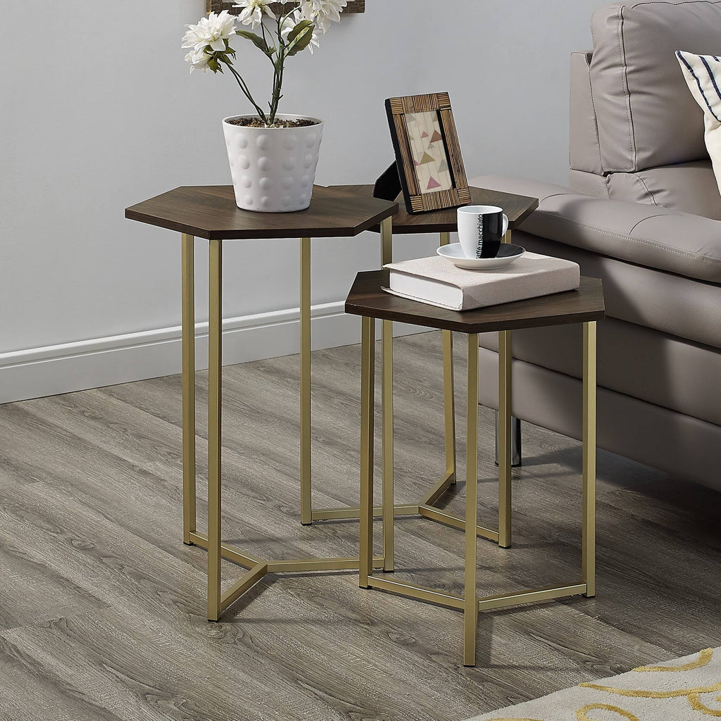 Set of 3 Geometric Nesting Accent Tables Dark Walnut/Gold Z621429
