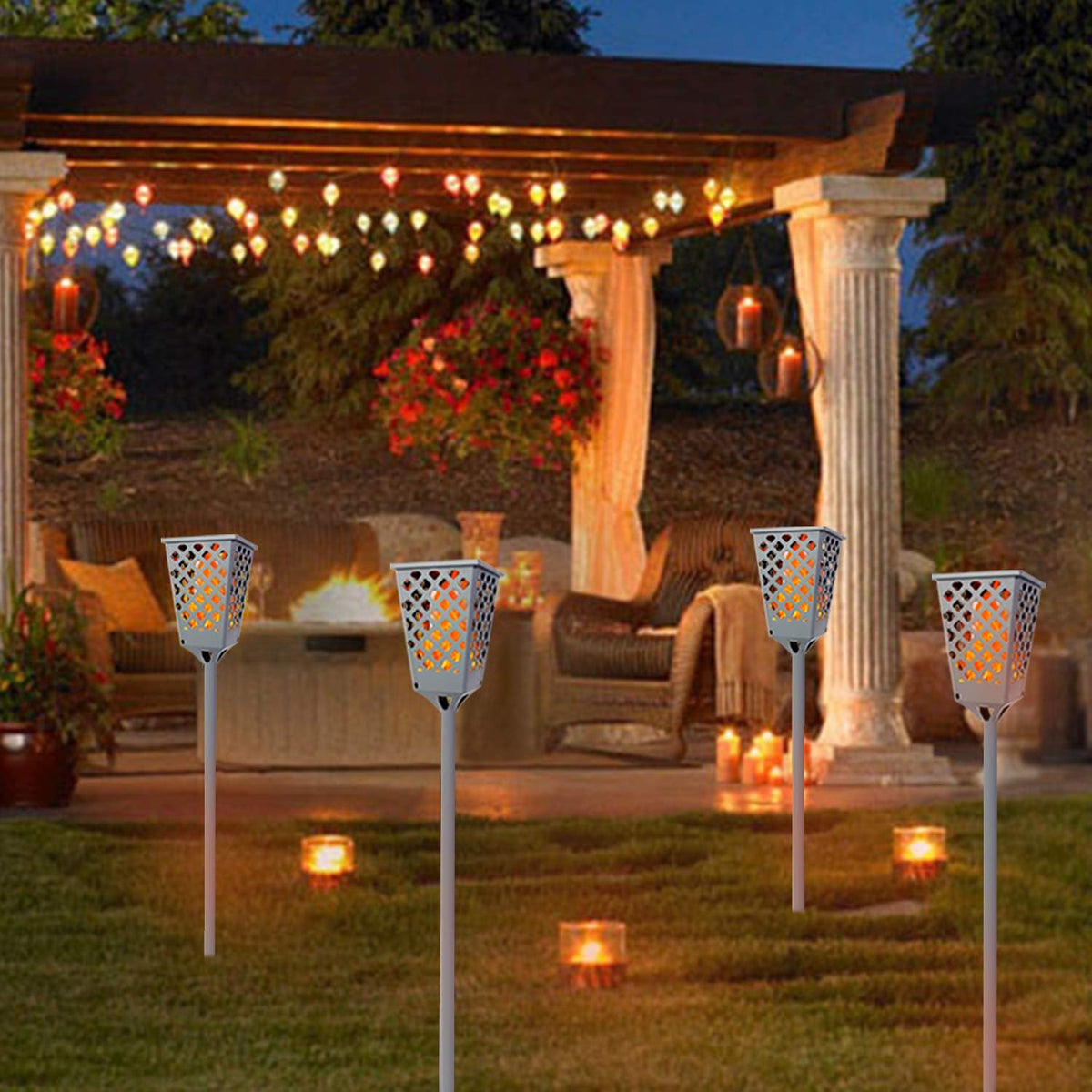 Solar Torch Lights with Flickering Flame, 96 LED Waterproof Grey Y36578