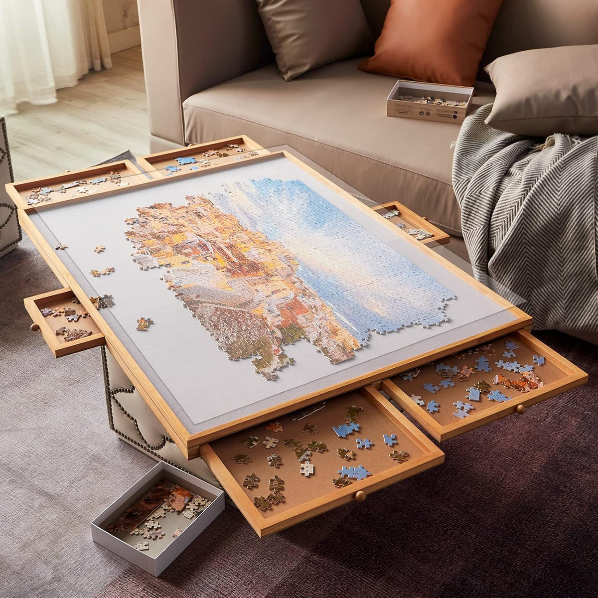 Wooden Puzzle Table with Drawer, Non-Slip Felt Surface, Portable Puzzle Board, 1000 Pieces I887