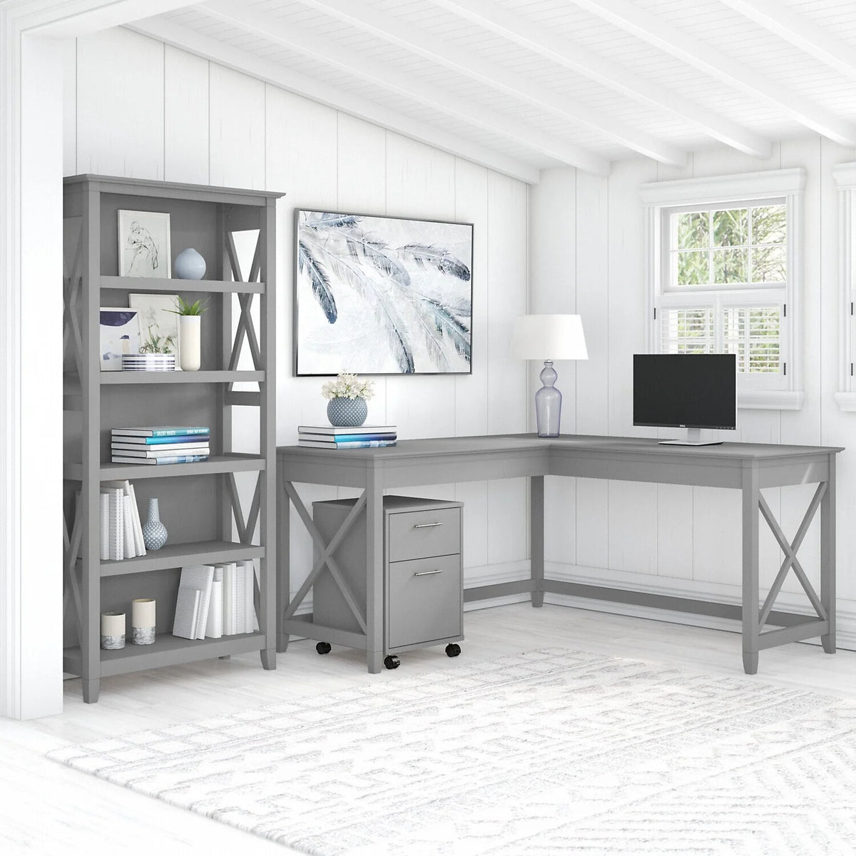 L Shaped Desk with 2 Drawer File Cabinet and 5 Shelf Bookcase A17220