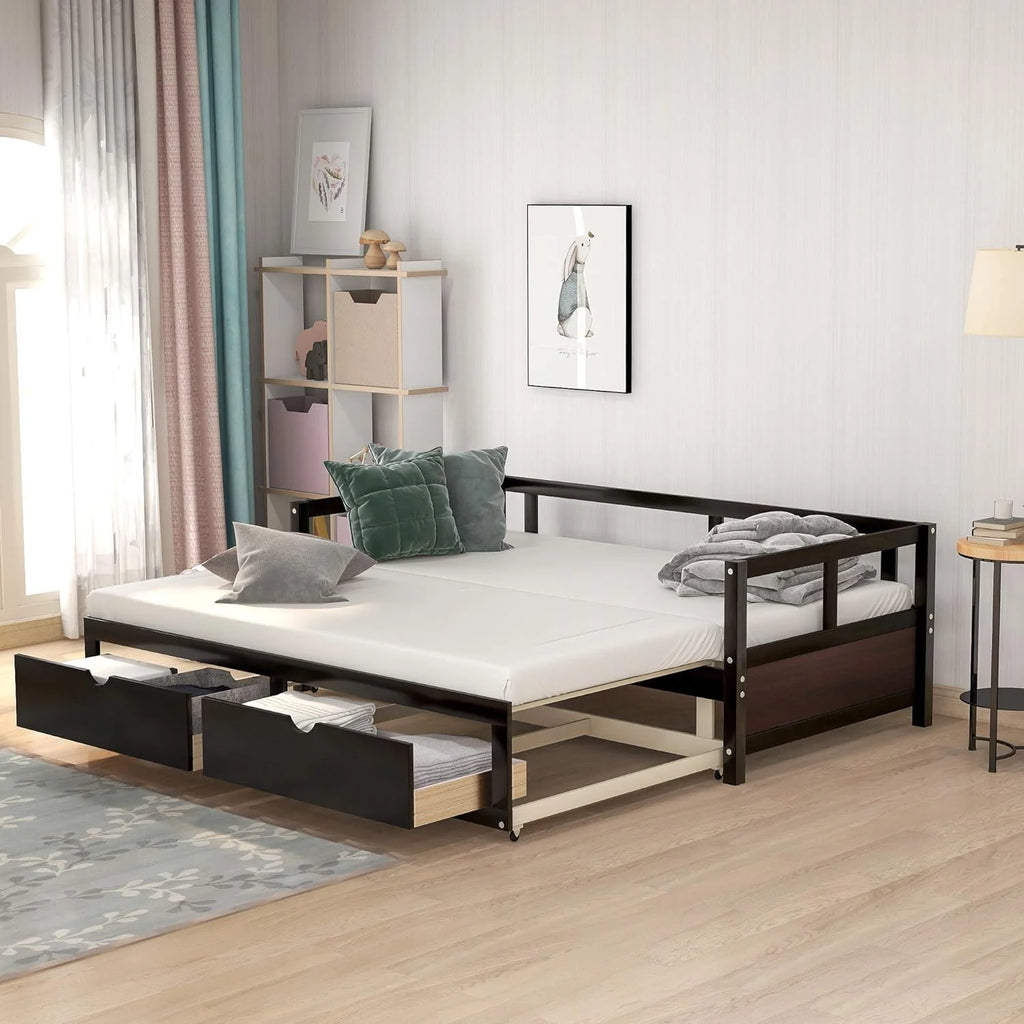 Wooden Extendable Daybed with Trundle and 2 Storage Drawers G830