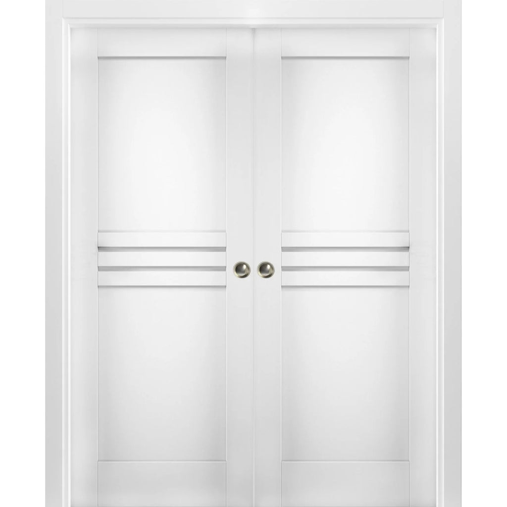 White Silk MDF Double Pocket Doors with Kit Rail Hardware T87588