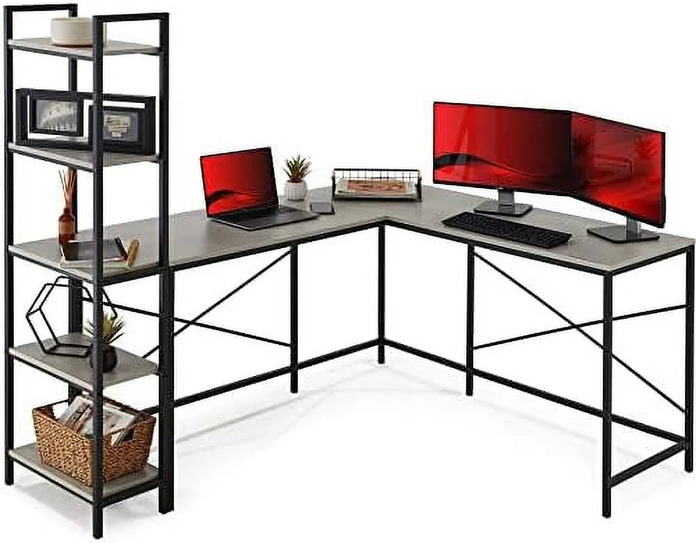 L-Shaped Corner Computer Desk with 5-Tier Bookshelves M6712