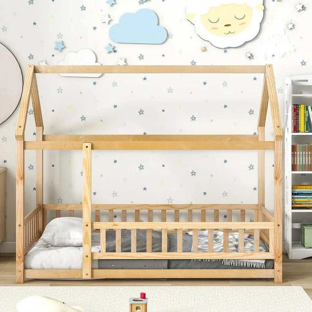 Twin Size Wood House Floor Bed with Fence Guardrails R7978