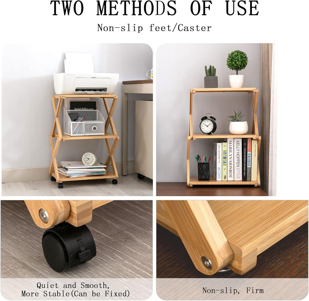 Bamboo 3-Tier Rolling Printer Cart with Storage T2487