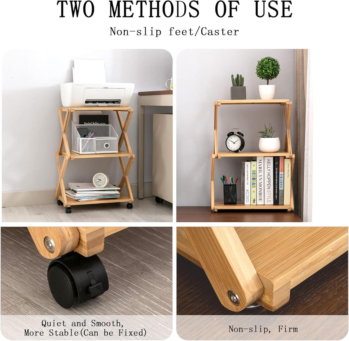 Bamboo 3-Tier Rolling Printer Cart with Storage T2487