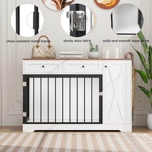 White Wooden Dog Crate with Double Doors and 2 Drawers Q475