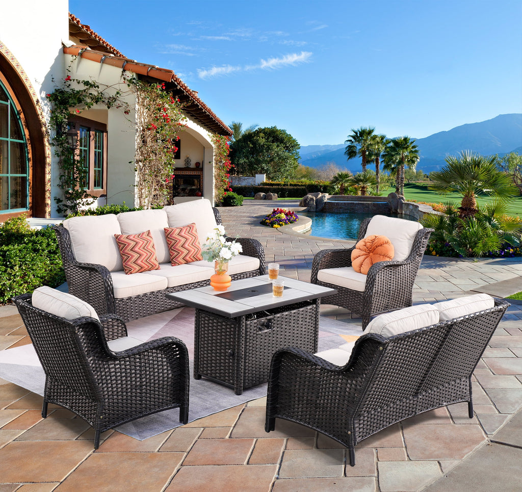 5 Pieces Wicker Patio Sectional Sofa with Fire Pit Table I57650