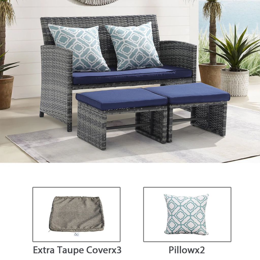 Grey Wicker Outdoor Loveseat with Ottoman and Pillows R6484