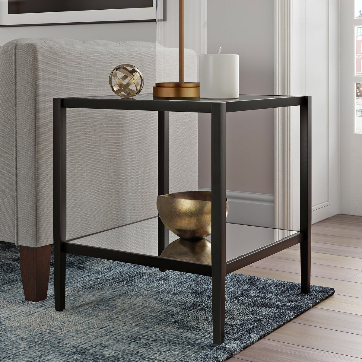 Blackened Bronze 20" Wide Square Side Table with Mirror Shelf I159