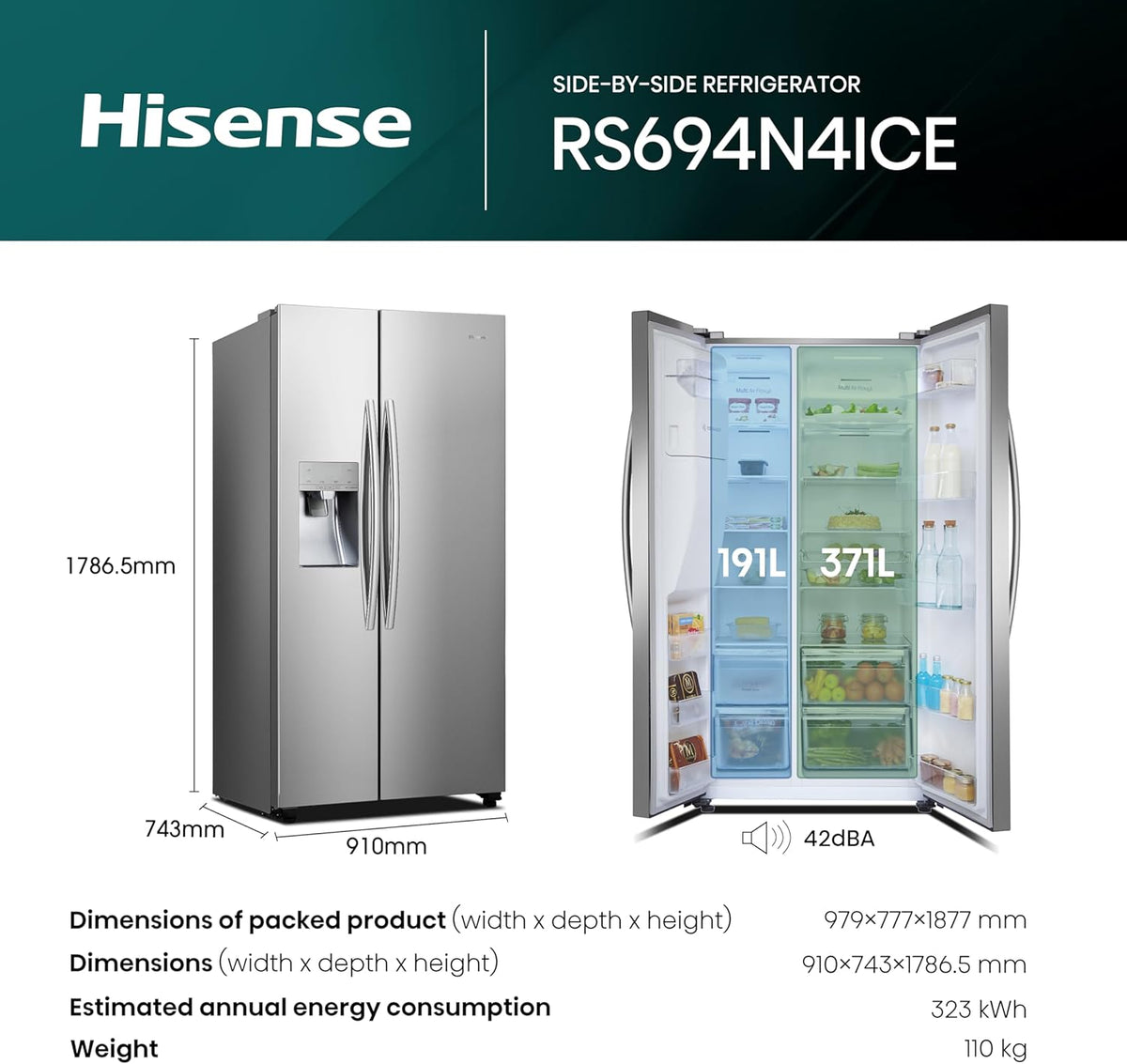 Stainless Steel Freestanding Side-by-Side Fridge Freezer with Water and Ice Dispenser D39495