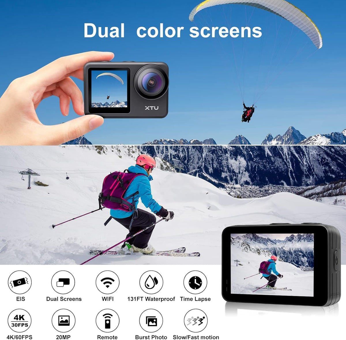 4K60FPS WiFi Action Camera with Dual Touch Screen Display P96958