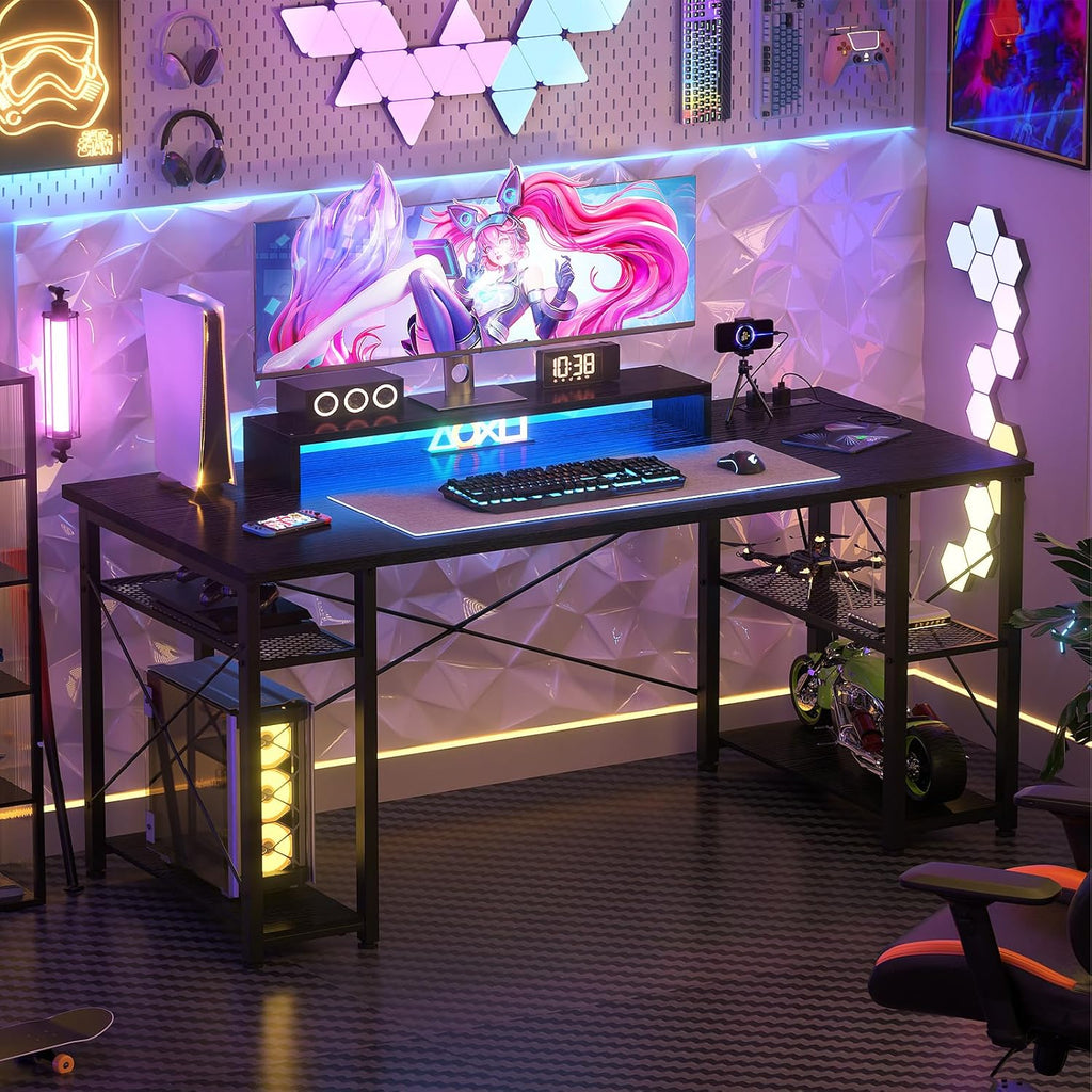 Black 55 Inch Gaming Desk with LED Lights and Power Outlet L2421