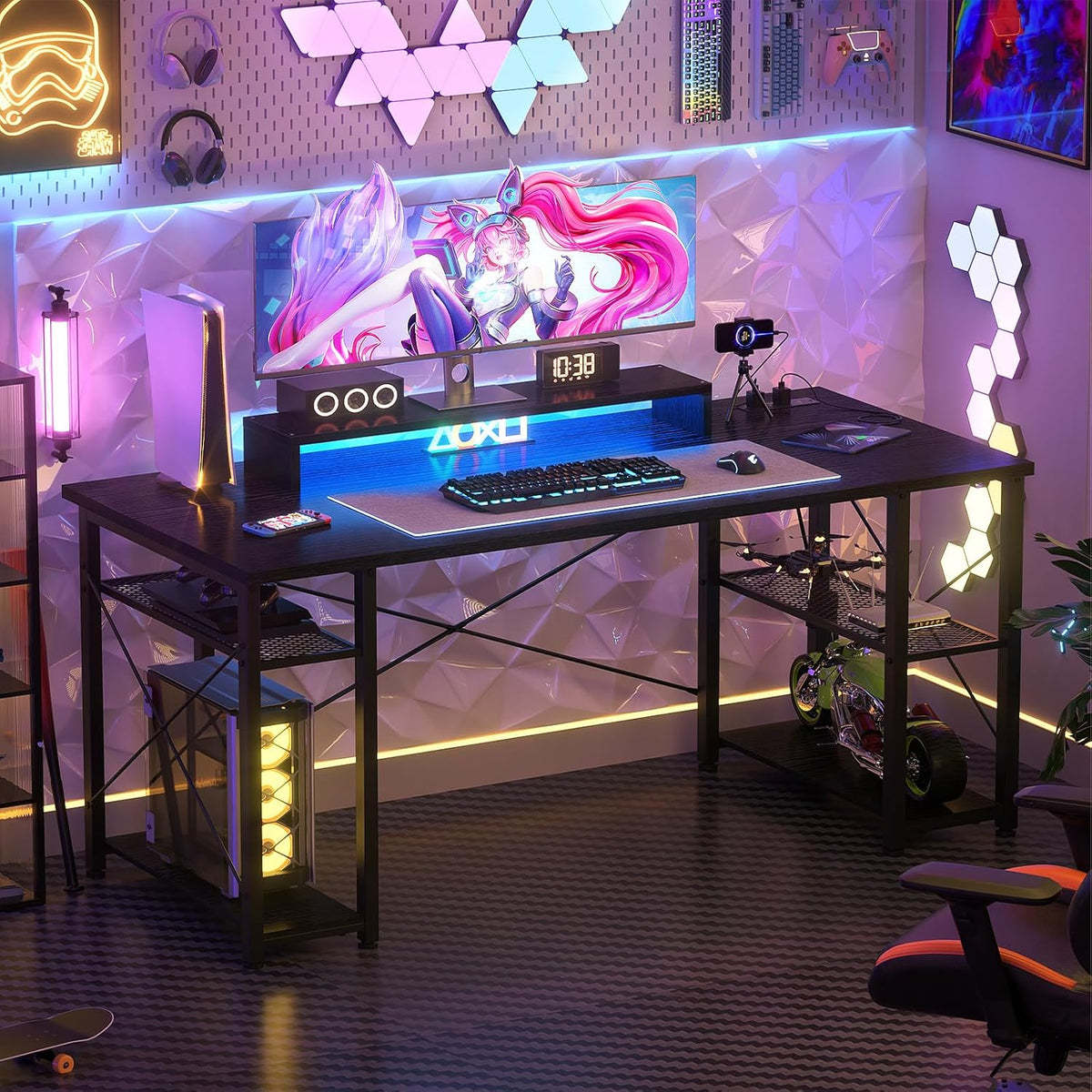 Black 55 Inch Gaming Desk with LED Lights and Power Outlet L2421