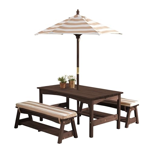 Outdoor Wooden Table & Bench Set with Cushions and Umbrella O160427