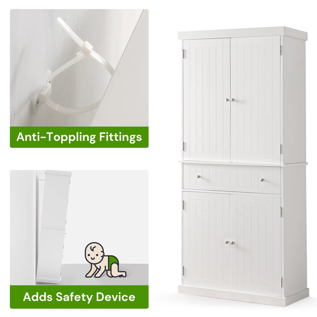 White Tall Freestanding Kitchen Pantry Cabinet with Doors and Adjustable Shelves J4418