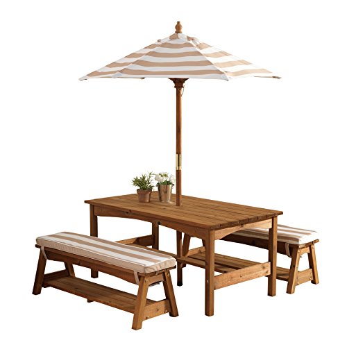 Outdoor Wooden Table & Bench Set with Cushions and Umbrella O160427